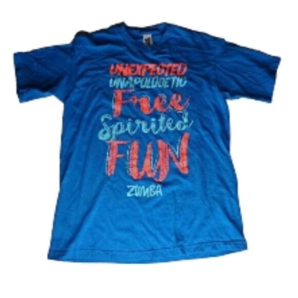 ZUMBA unexpected unapologetic fun blue orange Free Spirited SPELLOUT TSHIRT OSFM - Picture 1 of 7
